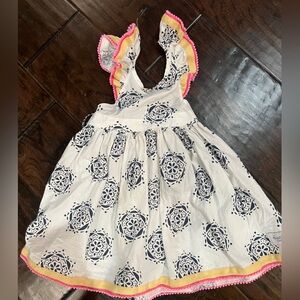 White and navy Patterned Dress with Pink Trim